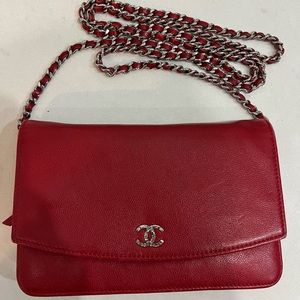 Classic Flap Wallet On A Chain Quilted Mini Red Caviar Leather Cross Body Bag